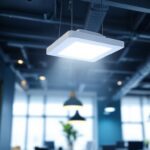 A photograph of a well-lit drop ceiling featuring a 2x2 led light fixture in a modern office or commercial space