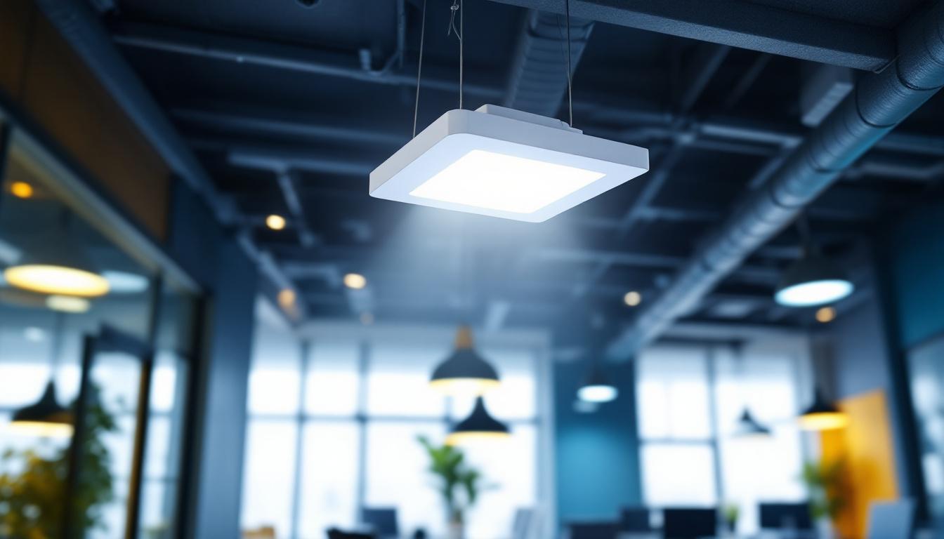 A photograph of a well-lit drop ceiling featuring a 2x2 led light fixture in a modern office or commercial space