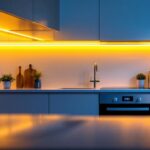 A photograph of a beautifully lit kitchen with sleek 12v under cabinet lighting showcasing its warm glow illuminating the countertops