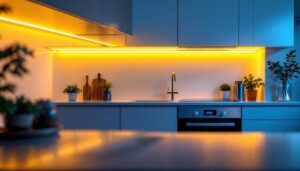 A photograph of a beautifully lit kitchen with sleek 12v under cabinet lighting showcasing its warm glow illuminating the countertops