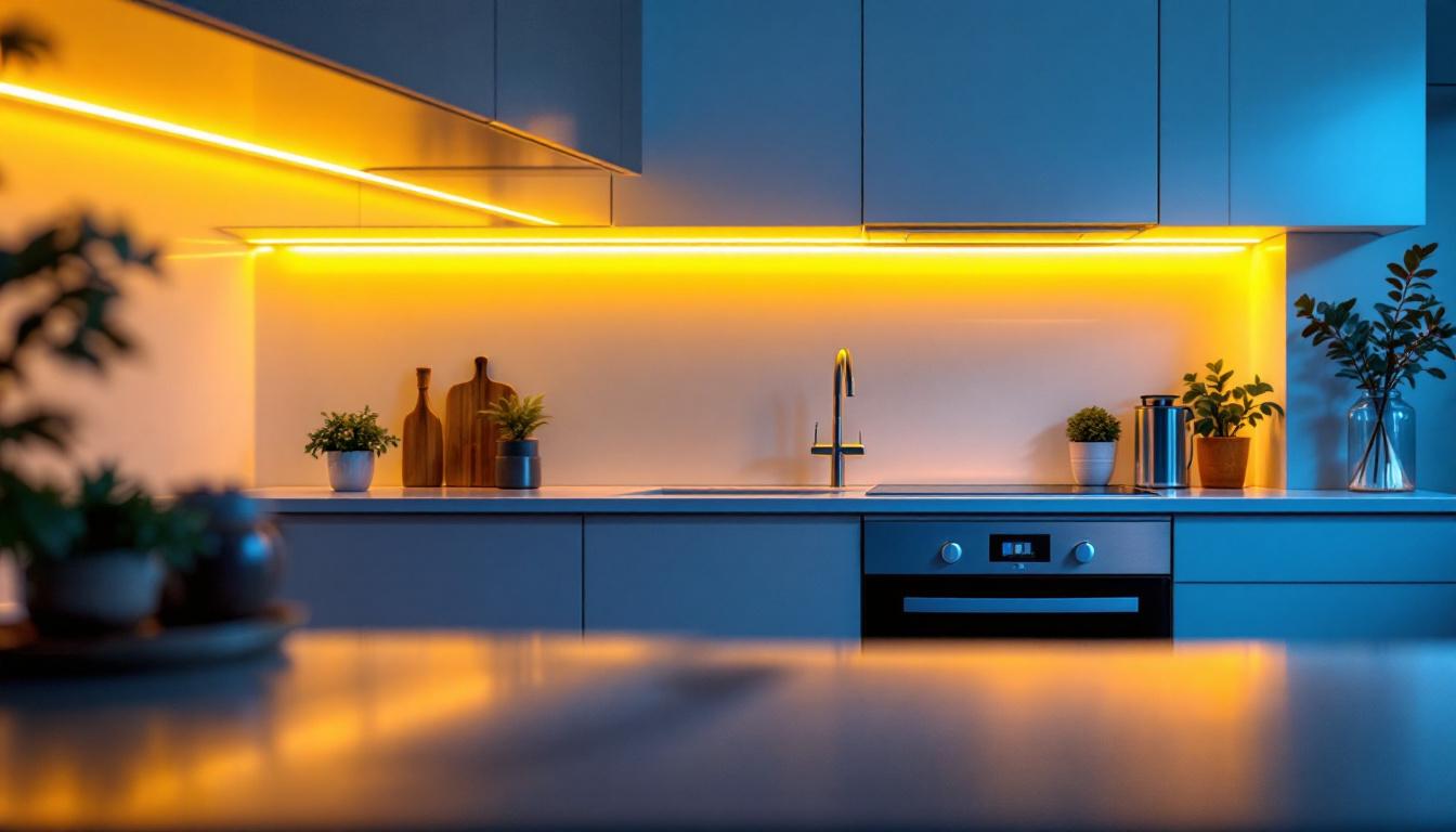 A photograph of a beautifully lit kitchen with sleek 12v under cabinet lighting showcasing its warm glow illuminating the countertops