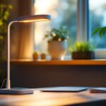 A photograph of a stylish solar-powered desk lamp in a modern workspace