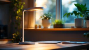A photograph of a stylish solar-powered desk lamp in a modern workspace