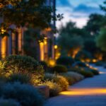 A photograph of a beautifully illuminated outdoor space at dawn or dusk