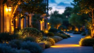 A photograph of a beautifully illuminated outdoor space at dawn or dusk