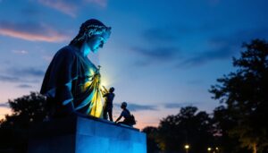 A photograph of a well-lit statue at dusk