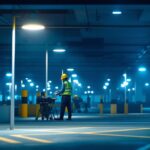 A photograph of a well-lit parking lot showcasing various types of light bulbs in use