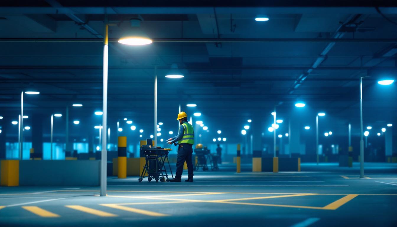 A photograph of a well-lit parking lot showcasing various types of light bulbs in use