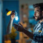 A photograph of a lighting contractor demonstrating the process of replacing a cfl bulb with an led bulb