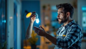 A photograph of a lighting contractor demonstrating the process of replacing a cfl bulb with an led bulb