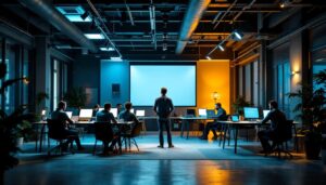 A photograph of a modern workspace illuminated by versatile flood lights
