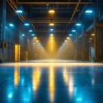 A photograph of a well-lit industrial space showcasing high bay fixtures in action