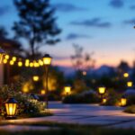 A photograph of a beautifully illuminated outdoor space featuring various styles of solar lights