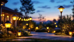 A photograph of a beautifully illuminated outdoor space featuring various styles of solar lights