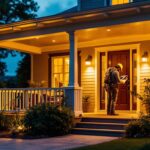 A photograph of a well-lit porch at dusk showcasing stylish solar power porch lights