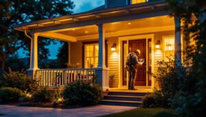 A photograph of a well-lit porch at dusk showcasing stylish solar power porch lights