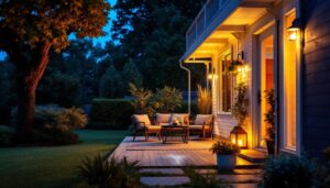 A photograph of a beautifully illuminated porch featuring stylish solar lights