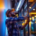 A photograph of a lighting contractor skillfully installing vibrant led strip lights in a modern commercial space