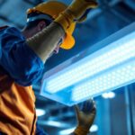 A photograph of a lighting contractor installing or inspecting an 8-foot led light fixture in a commercial or industrial setting