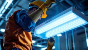 A photograph of a lighting contractor installing or inspecting an 8-foot led light fixture in a commercial or industrial setting