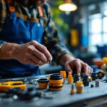 A photograph of a lighting contractor examining various low voltage waterproof connectors on a workbench