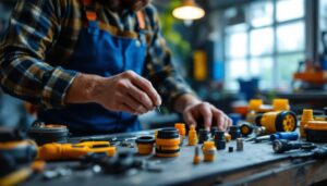 A photograph of a lighting contractor examining various low voltage waterproof connectors on a workbench