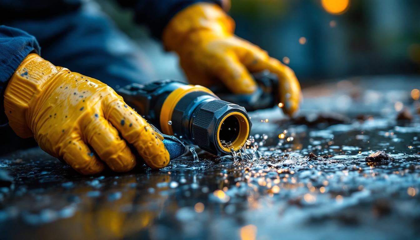 A photograph of a close-up shot of a water-proof electrical connector being installed by a lighting contractor