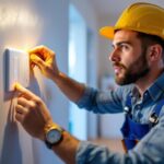 A photograph of a skilled lighting contractor expertly installing or adjusting outlets and light switches in a well-lit