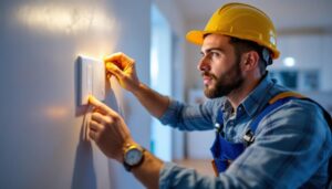 A photograph of a skilled lighting contractor expertly installing or adjusting outlets and light switches in a well-lit