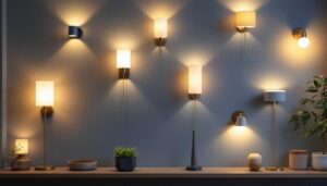 A photograph of a beautifully arranged display of various discount wall sconces in a well-lit interior setting