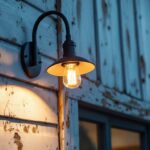 A photograph of a stylish exterior gooseneck barn light illuminating a rustic building or outdoor space