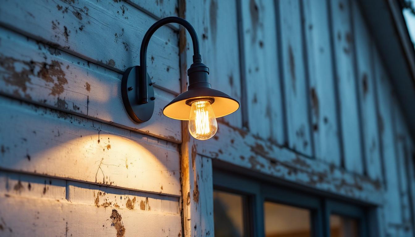 A photograph of a stylish exterior gooseneck barn light illuminating a rustic building or outdoor space