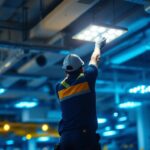 A photograph of a well-lit commercial space featuring 2x2 suspended ceiling lights in action