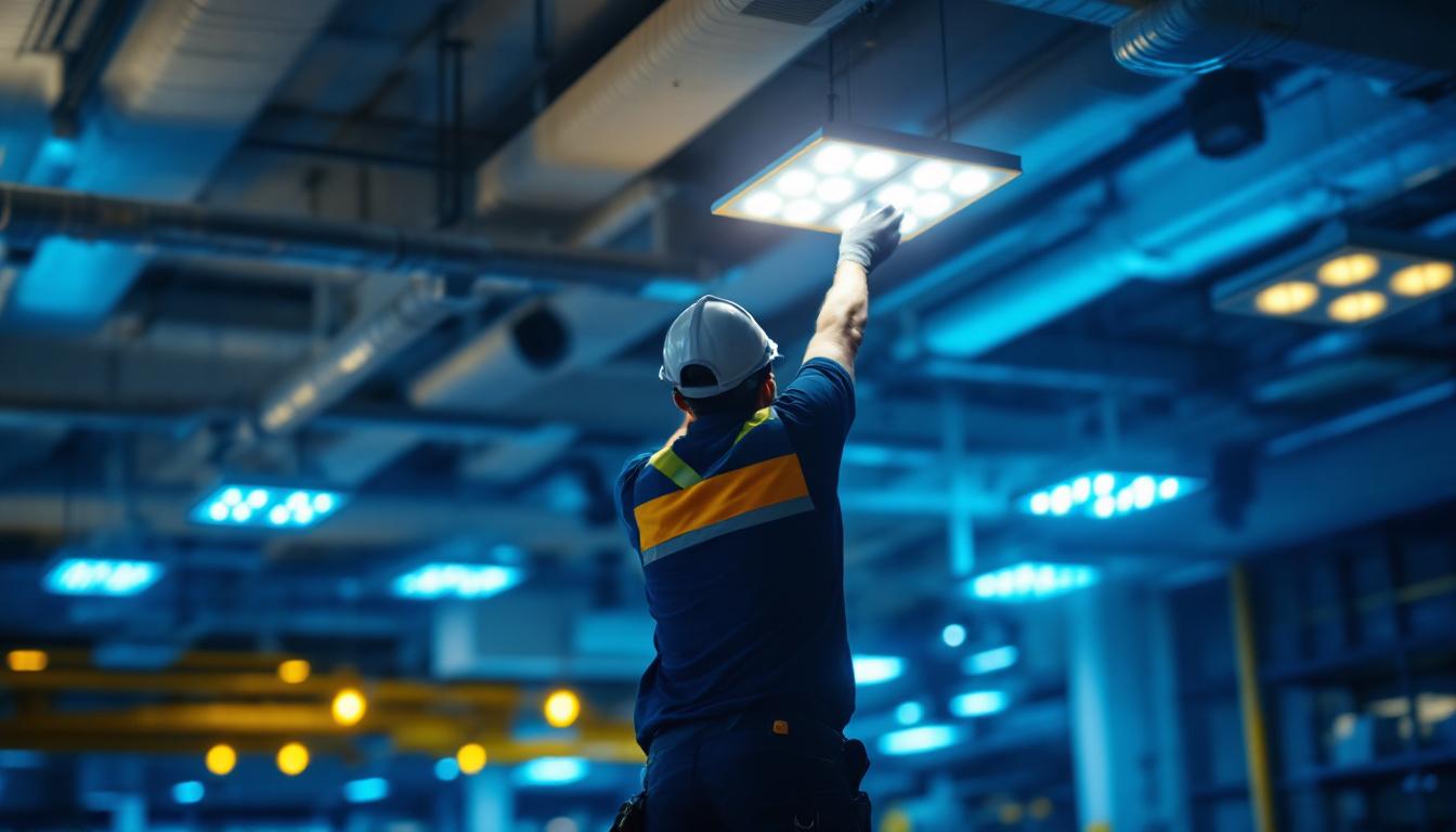 A photograph of a well-lit commercial space featuring 2x2 suspended ceiling lights in action