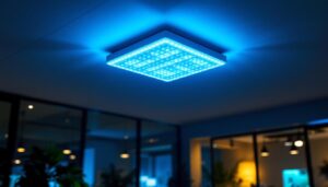 A photograph of a well-lit drop ceiling featuring a sleek 2x4 led light fixture in a modern office or commercial space