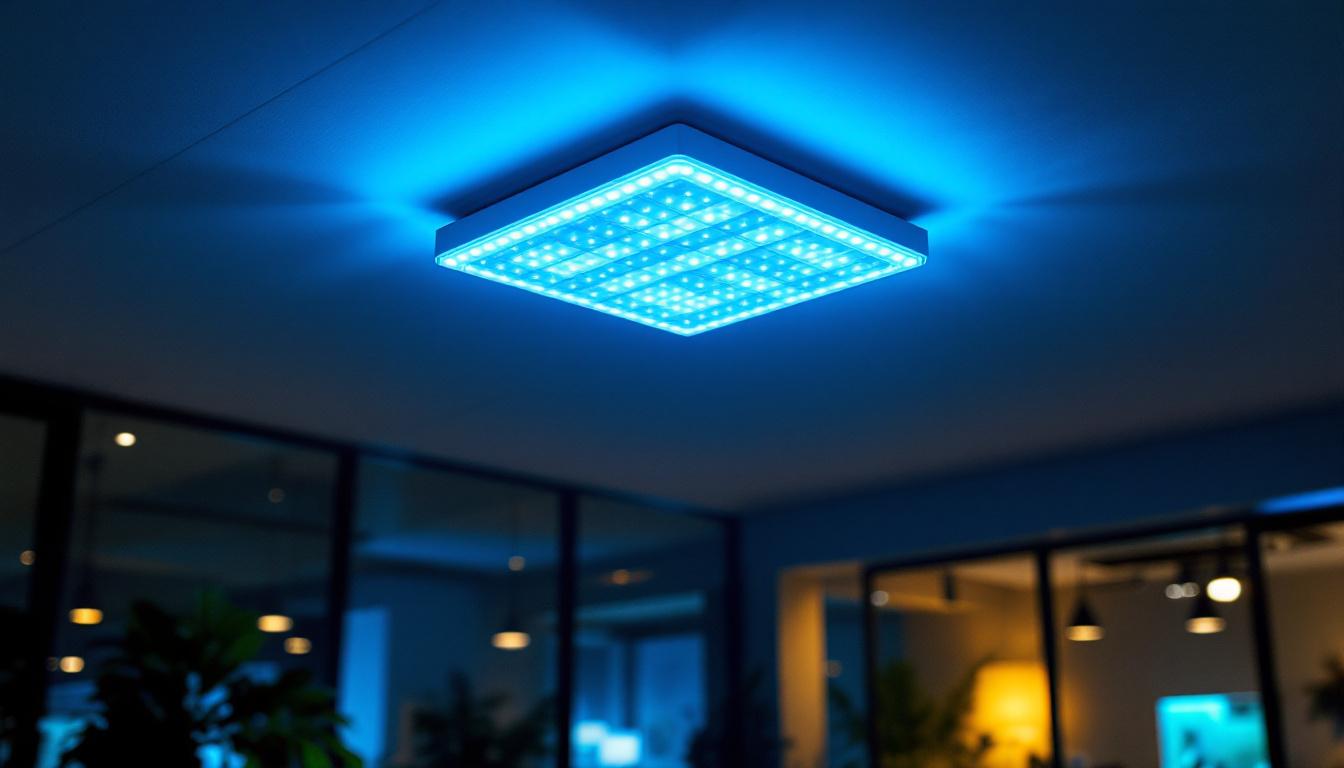 A photograph of a well-lit drop ceiling featuring a sleek 2x4 led light fixture in a modern office or commercial space