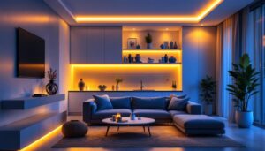 A photograph of a vibrant 8 ft led strip light elegantly illuminating a modern living space
