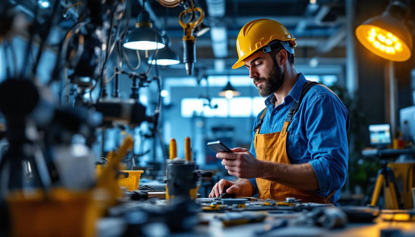A photograph of a lighting contractor working on a complex installation