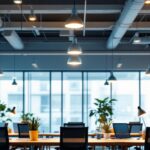 A photograph of a modern office space featuring stylish ceiling lamps that highlight the workspace