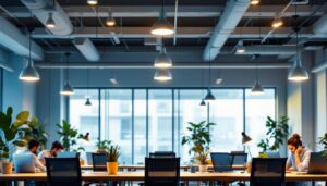 A photograph of a modern office space featuring stylish ceiling lamps that highlight the workspace