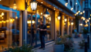 A photograph of a well-lit commercial exterior showcasing various types of stylish and functional light fixtures