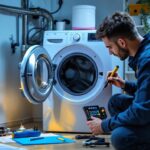 A photograph of a lighting professional inspecting a well-organized washer and dryer setup