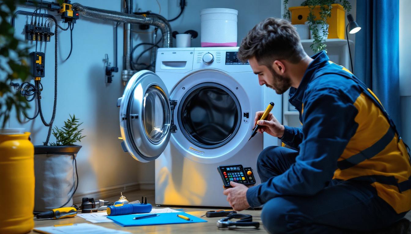 A photograph of a lighting professional inspecting a well-organized washer and dryer setup