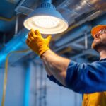 A photograph of a skilled lighting contractor installing a vapor tight led fixture in a commercial or industrial setting