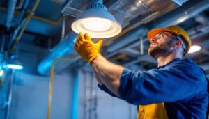 A photograph of a skilled lighting contractor installing a vapor tight led fixture in a commercial or industrial setting