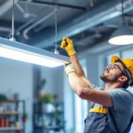 A photograph of a skilled lighting contractor expertly installing a hanging fluorescent light fixture in a modern workspace