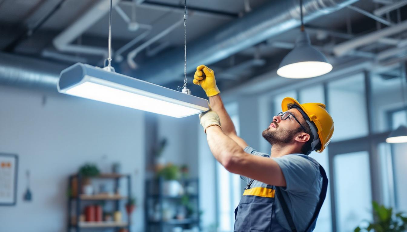 A photograph of a skilled lighting contractor expertly installing a hanging fluorescent light fixture in a modern workspace