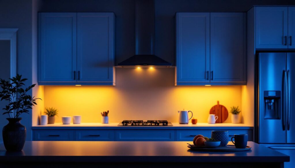 A photograph of a modern kitchen showcasing sleek 120-volt under cabinet lighting in action