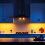A photograph of a modern kitchen showcasing sleek 120-volt under cabinet lighting in action