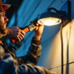 A photograph of a lighting contractor installing an exterior light fixture